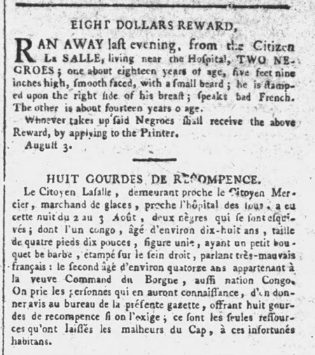 1793 advertisement in English and French for the capture of two enslaved teenaged boys that escaped from French Haitian regugees in Philadelphia.