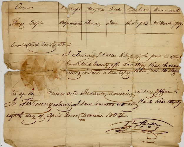 First part of the legal documents required to recapture fugitive slave Isaac from Philadelphia in 1804.