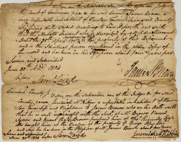 Second part of the legal documents required to recapture fugitive slave Isaac from Philadelphia in 1804.