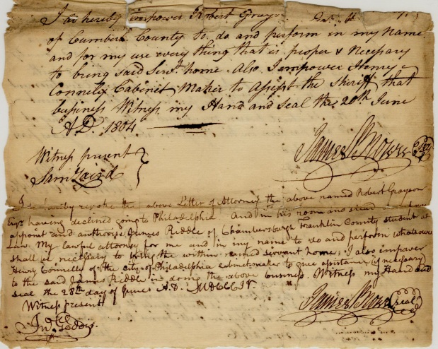 Final part of the legal documents required to recapture fugitive slave Isaac from Philadelphia in 1804.