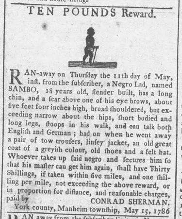 May 1786 advertisement for an escaped slave