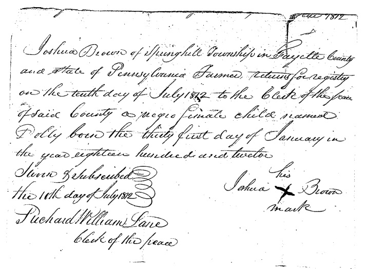 July 1812 registration for the enslaved child Dolly, daughter of Sally, Fayette County, Pennsylvania