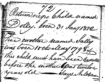 A note on the slave registration for Dolly, in Fayette County in 1812, raising the issue that the mother of Dolly would have been 12 years old when Dolly was conceived.