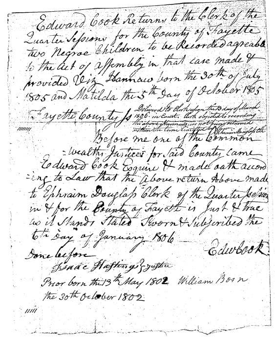 Return for two enslaved children in Fayette County, Pennsylvania, dated 1806. Document from the Pennsylvania State Archives.