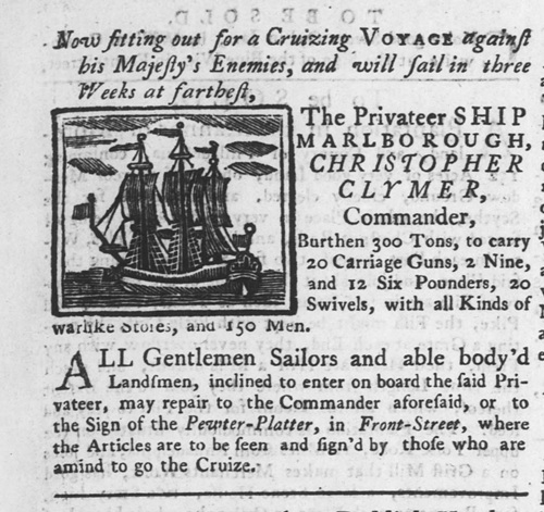 October 1745 advertisement for the cruise of the privateer Marlborough.