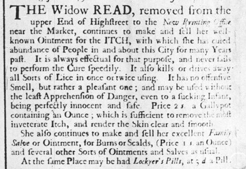 1731 Philadelphia advertisement for salves and ointments prepared by the Widow Read, in Philadelphia.