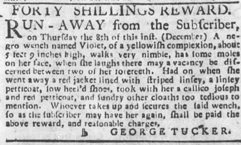 A 1759 newspaper ad from Philadelphia seeking to recover an escaped slave named Violet.