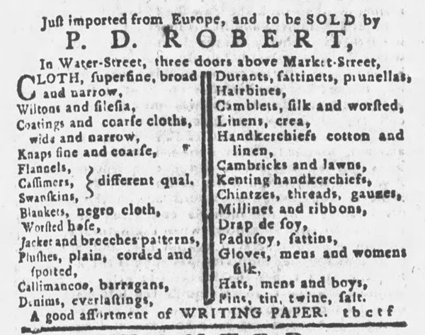 Philadelphia merchant advertisement from 1782 listing imported Negro Cloth among available textiles for sale.