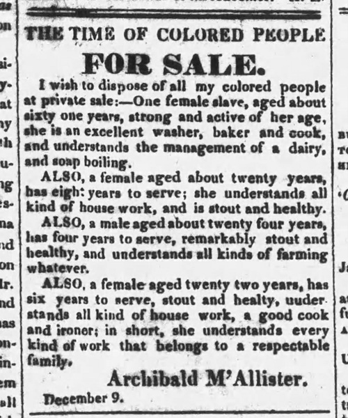 Newspaper advertisement from slaveholder Archibald McAllister of Susquehanna Township, Dauphin County, PA, offering all of his enslaved people for sale, December 1828.