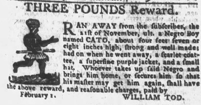 Newspaper advertisement from Philadelphia in April 1775 for escaped enslaved man Cato, with a stereotyped image of a running African man.