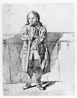 Line drawing of a standing boy in a surtout.