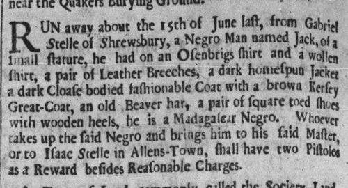 1723 New Jersey Fugitive Slave advertisement.
