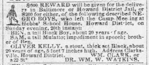 1848 ad for Oliver Kelly, freedom seeker from Maryland.