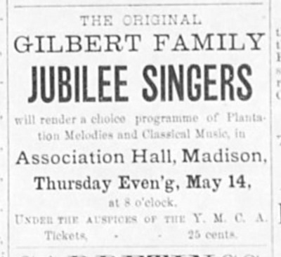 1885 Newspapaper ad promoting the appearance of the Gilbert Family Jubilee Singers in Madison, New Jersey.