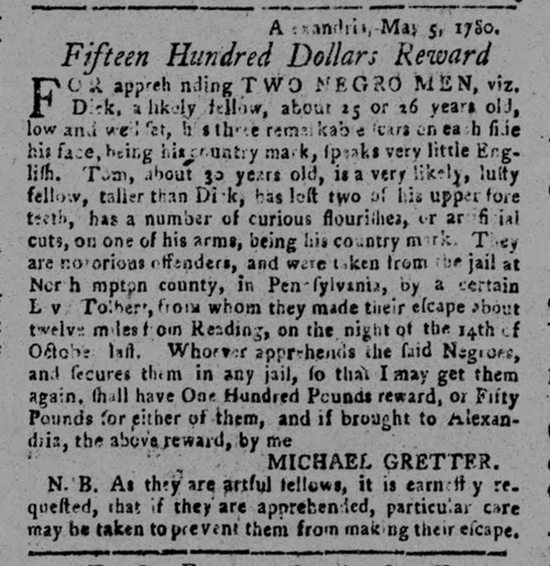 May 1780 newspaper clipping  for Virginia fugitive slaves Dick and Tom, who escaped from a slave catcher near Reading, PA six months earlier.