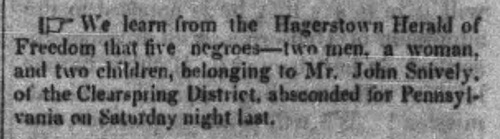Harrisburg, Pennsylvania Newspaper article of the escape of a group of enslaved people from Clear Springs, Maryland in March 1850.