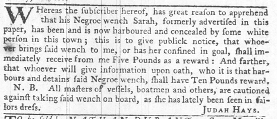 June 1751 follow up ad from Judah Hays regarding Sarah.