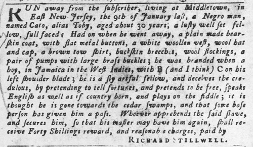Newspaper ad from April 1756 for Toby, a Jamaican born man who escaped from Richard Stillwell in East New Jersey.