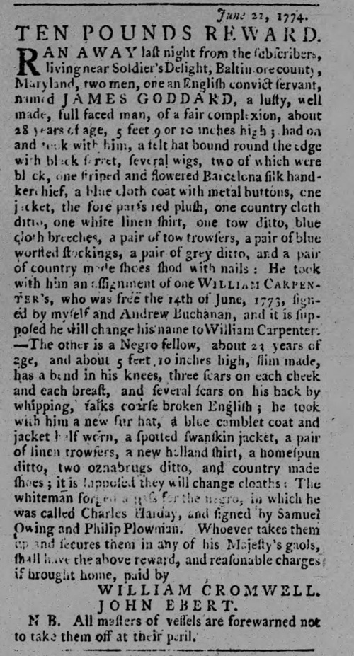 June 1774 advertisement from Baltimore for a white convict and and enslaved Black man who escaped from bondage together.