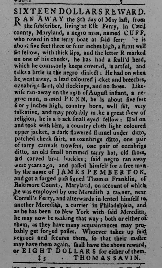 Philadelphia Newspaper advertisement from September 1775 seeking the capture of two men who escaped from an enslaver in Cecil County, Maryland.